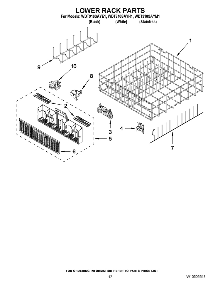 LOWER RACK PARTS Diagram and Parts List for WDT910SAYM1  Whirlpool Dishwasher