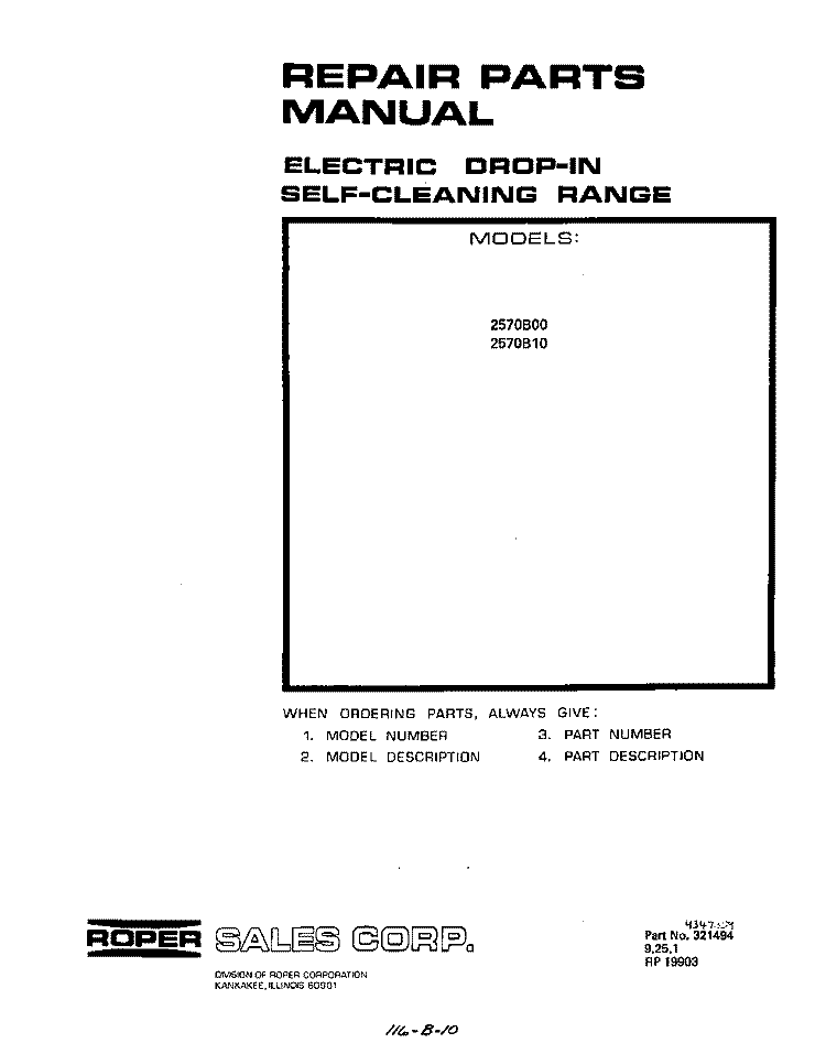 CONTROL PANEL Diagram and Parts List for 2570B10  Roper Range