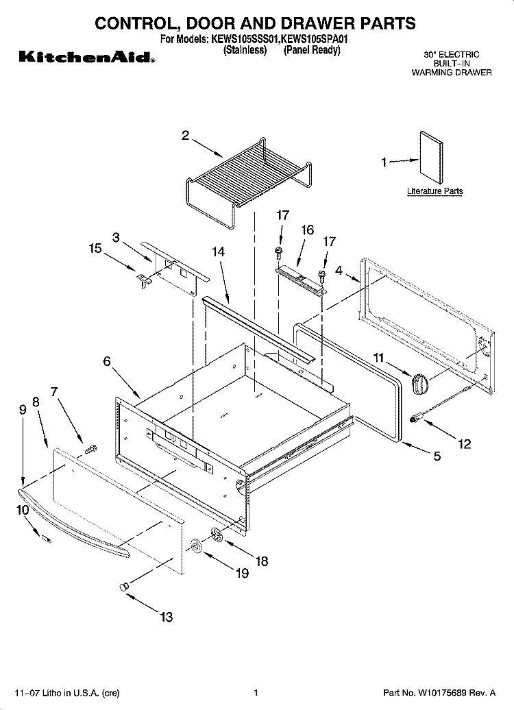 CONTROL, DOOR AND DRAWER PARTS Diagram and Parts List for KEWS105SPA01  KitchenAid Warming Drawer