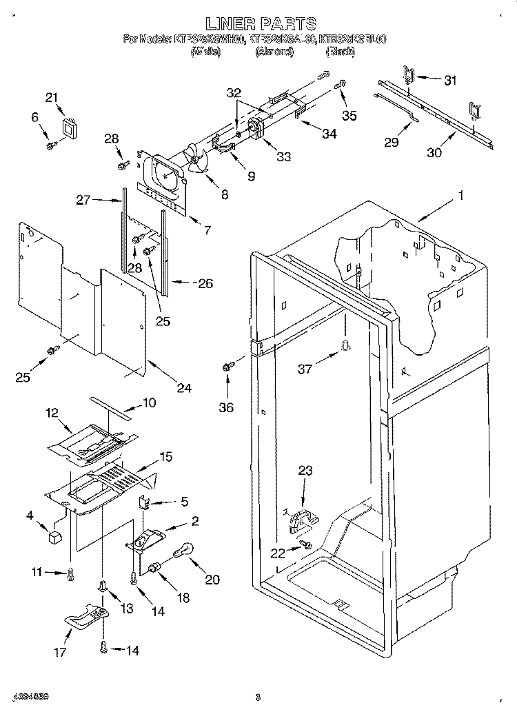 LINER Diagram and Parts List for KTRS25KGBL00  KitchenAid Refrigerator