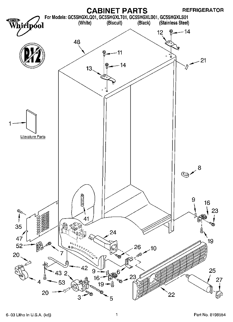 CABINET PARTS Diagram and Parts List for GC5SHGXLS01  Whirlpool Refrigerator