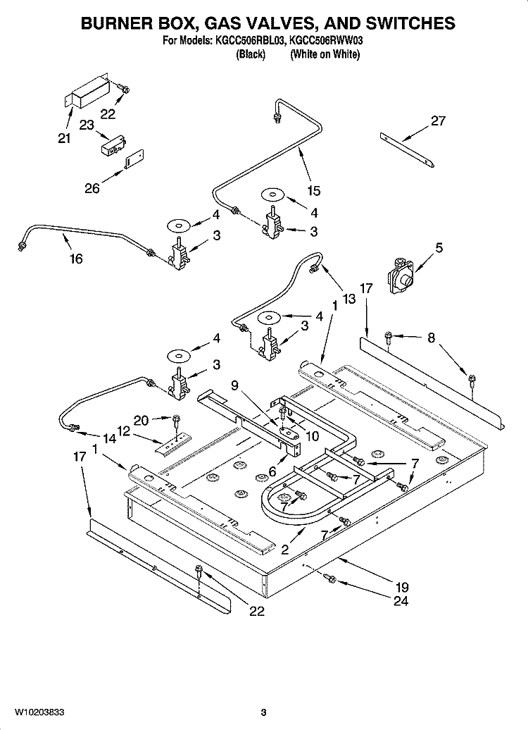 BURNER BOX, GAS VALVES AND SWITCHES Diagram and Parts List for KGCC506RBL03  KitchenAid Cooktop