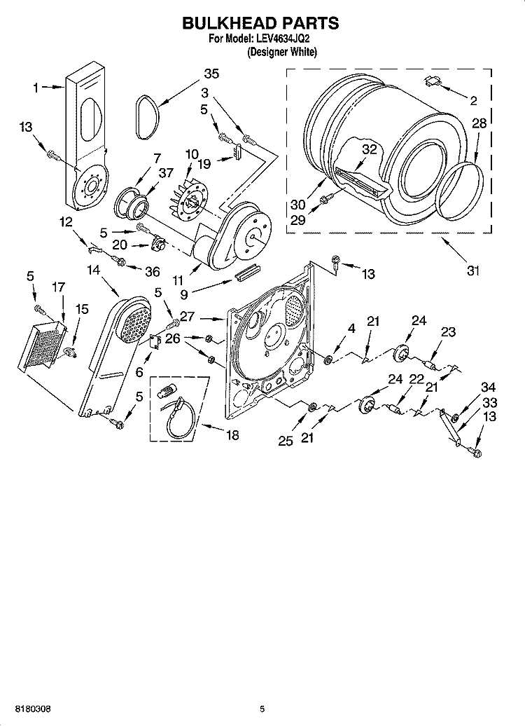 BULKHEAD PARTS Diagram and Parts List for LEV4634JQ2  Whirlpool Dryer