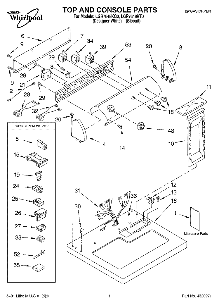 TOP AND CONSOLE, LIT/OPTIONAL Diagram and Parts List for LGR7648KT0  Whirlpool Dryer