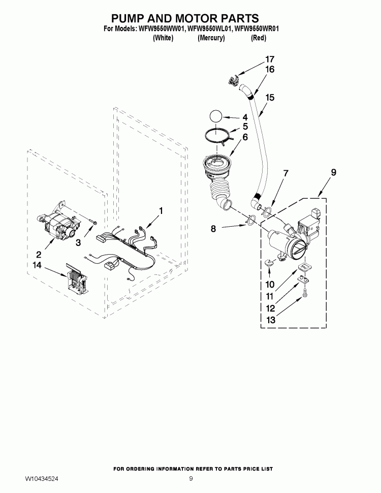 PUMP AND MOTOR PARTS Diagram and Parts List for WFW9550WL01  Whirlpool Washer