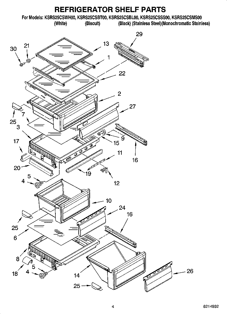 REFRIGERATOR SHELF PARTS Diagram and Parts List for KSRS25CSSS00  KitchenAid Refrigerator