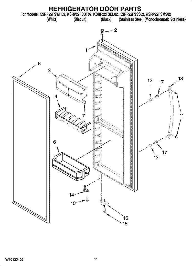 REFRIGERATOR DOOR PARTS Diagram and Parts List for KSRP22FSMS02  KitchenAid Refrigerator
