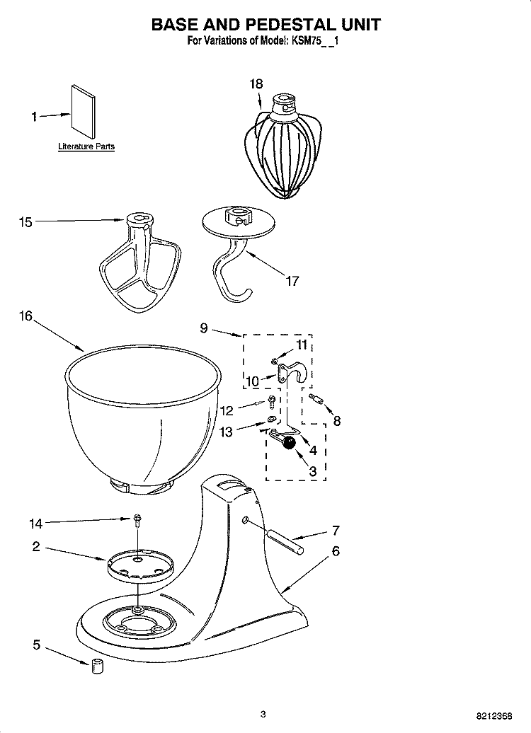 BASE AND PEDESTAL UNIT Diagram and Parts List for KSM75WH1  KitchenAid Mixer