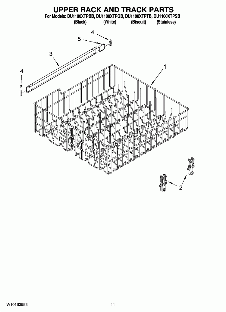 UPPER RACK AND TRACK PARTS Diagram and Parts List for DU1100XTPBB  Whirlpool Dishwasher