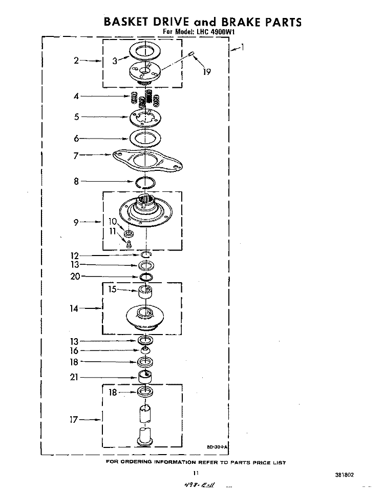 BASKET DRIVE AND BRAKE Diagram and Parts List for LHC4900W1  Whirlpool Washer