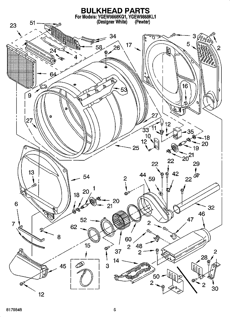 BULKHEAD PARTS Diagram and Parts List for YGEW9868KL1  Whirlpool Dryer
