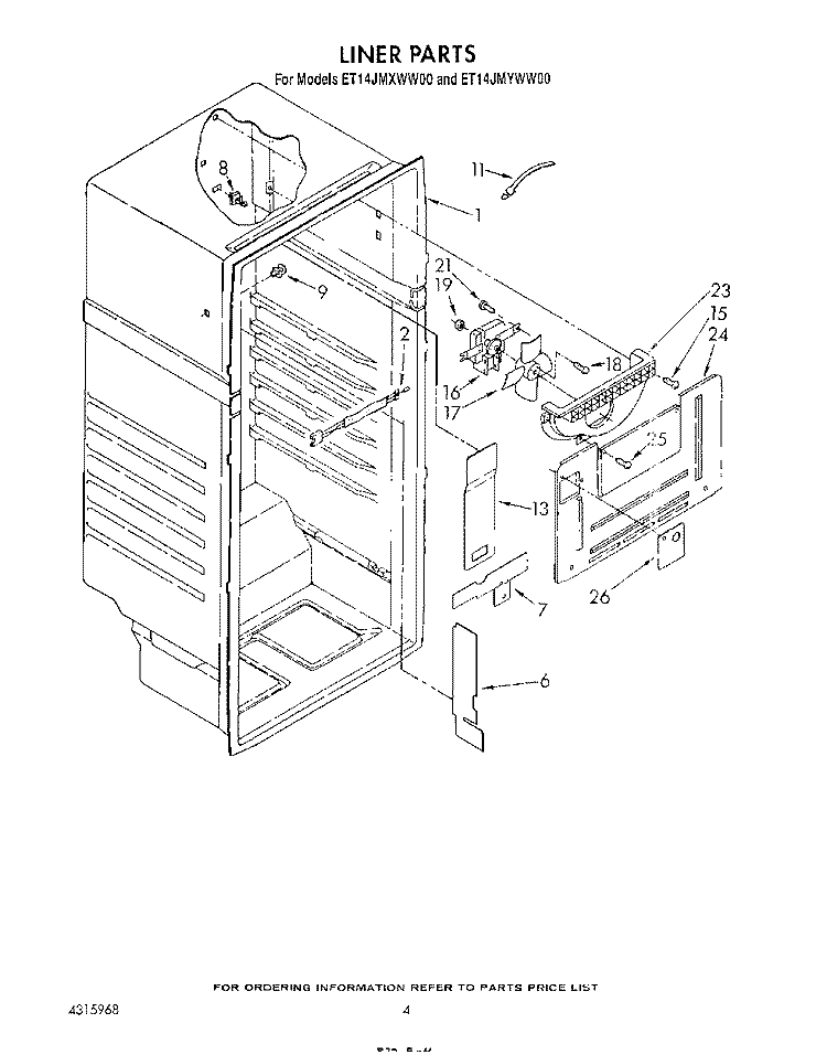 LINER Diagram and Parts List for ET14JMXWW00  Whirlpool Refrigerator