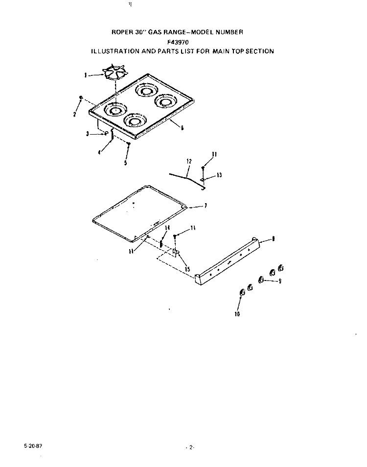 MAIN TOP Diagram and Parts List for F4397W0  Roper Range