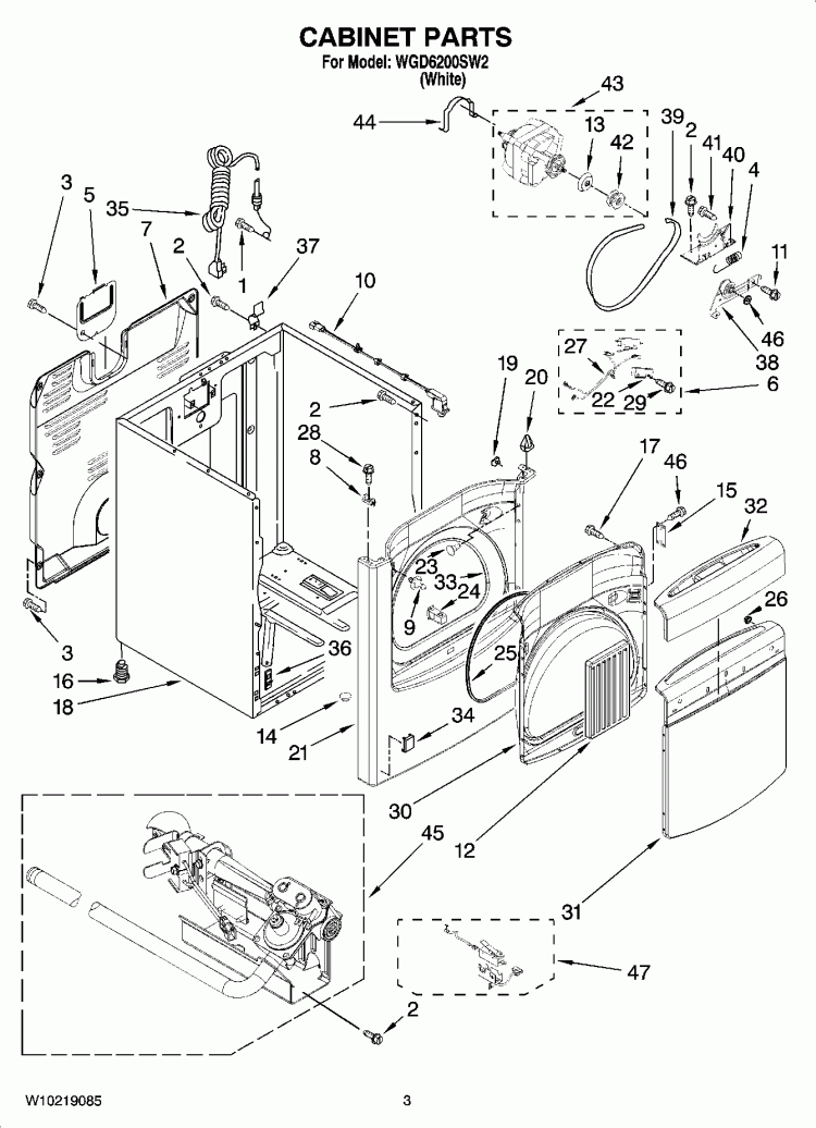 CABINET PARTS Diagram and Parts List for WGD6200SW2  Whirlpool Dryer