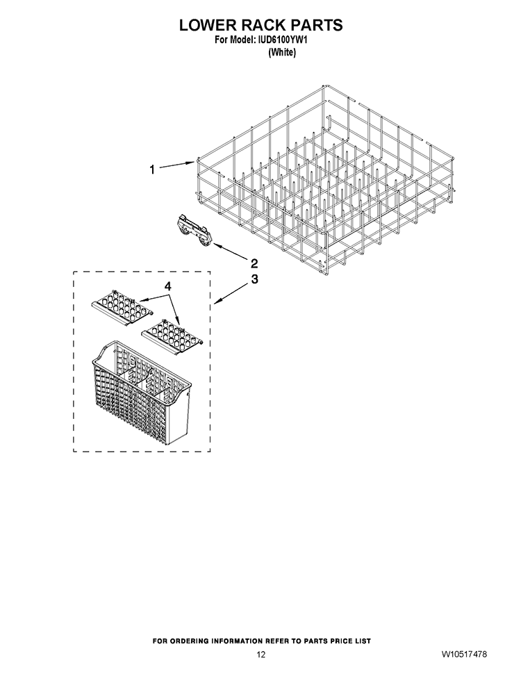 LOWER RACK PARTS Diagram and Parts List for IUD6100YW1  Whirlpool Dishwasher