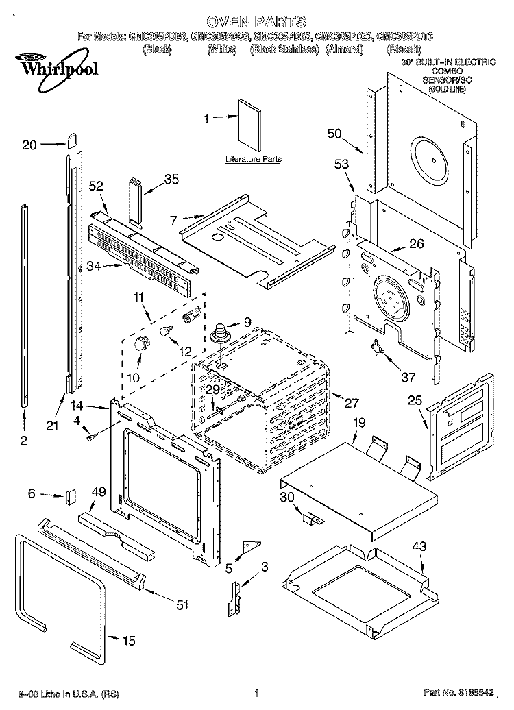 OVEN, LITERATURE Diagram and Parts List for GMC305PDQ3  Whirlpool Microwave Oven Combo