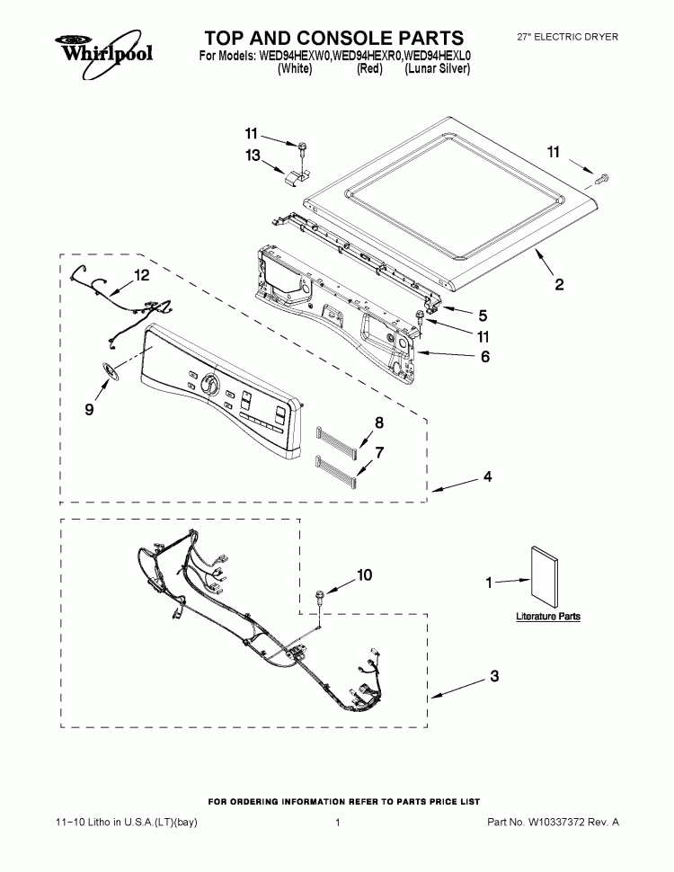 TOP AND CONSOLE PARTS Diagram and Parts List for WED94HEXL0  Whirlpool Dryer