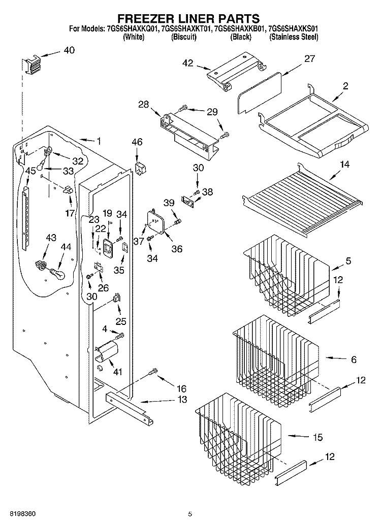 FREEZER LINER Diagram and Parts List for 7GS6SHAXKB01  Whirlpool Refrigerator
