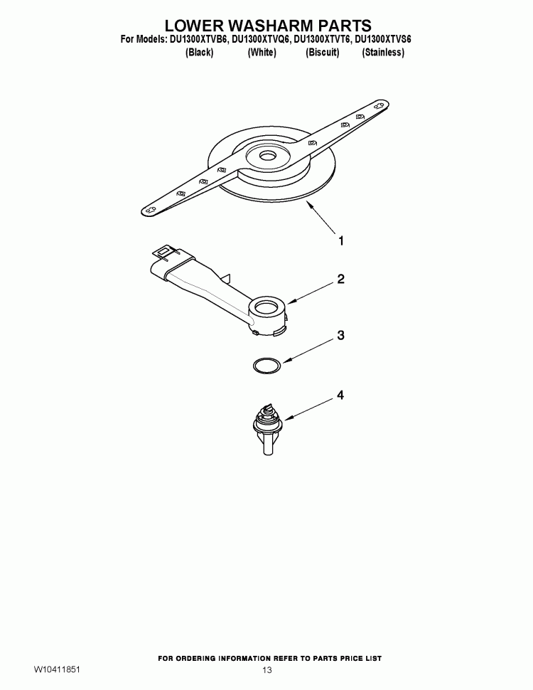 LOWER WASHARM PARTS Diagram and Parts List for DU1300XTVQ6  Whirlpool Dishwasher