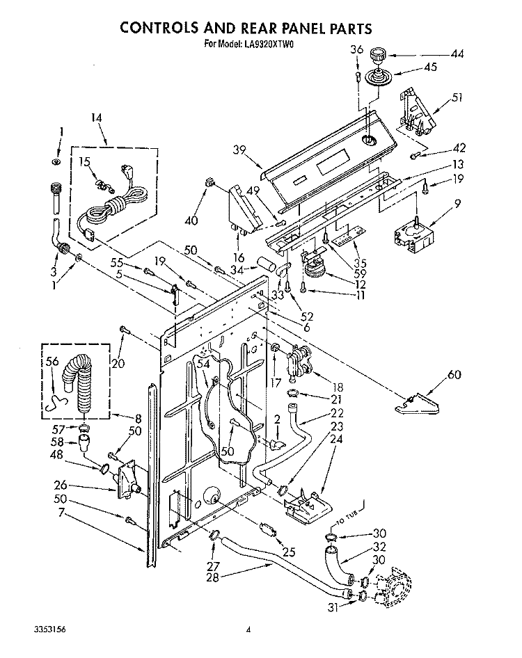 CONTROLS AND REAR PANEL Diagram and Parts List for LA9320XTW0  Whirlpool Washer