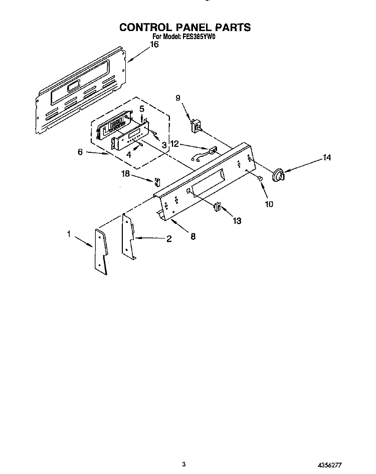 CONTROL PANEL Diagram and Parts List for FES385YW0  Roper Range