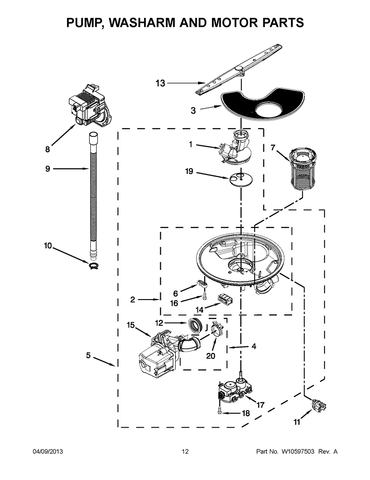 PUMP, WASHARM AND MOTOR PARTS Diagram and Parts List for 7WDT770PAYM4  Whirlpool Dishwasher