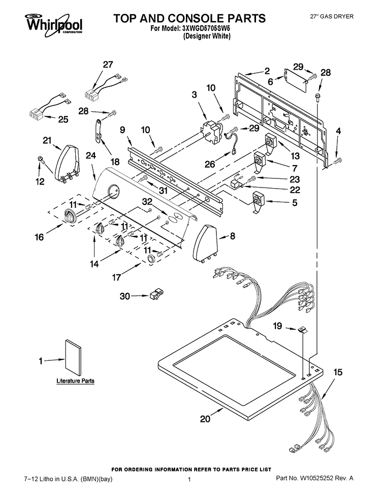 TOP AND CONSOLE PARTS Diagram and Parts List for 3XWGD5705SW5  Whirlpool Dryer