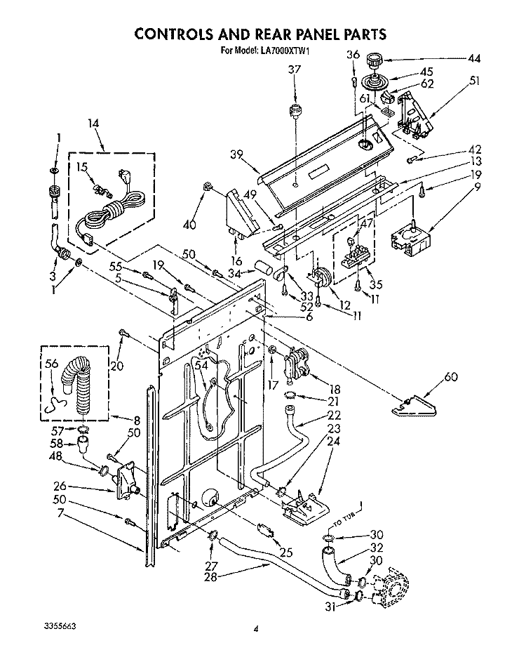 CONTROLS AND REAR PANEL Diagram and Parts List for LA7000XTF1  Whirlpool Washer