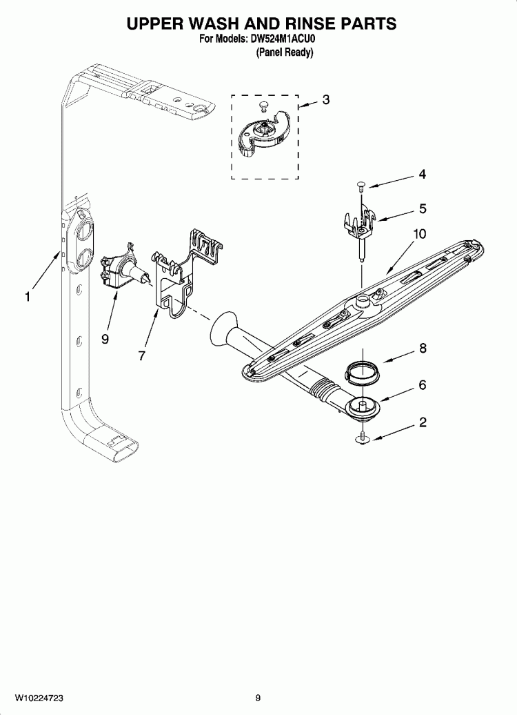 UPPER WASH AND RINSE PARTS Diagram and Parts List for DW524M1ACU0  Whirlpool Dishwasher