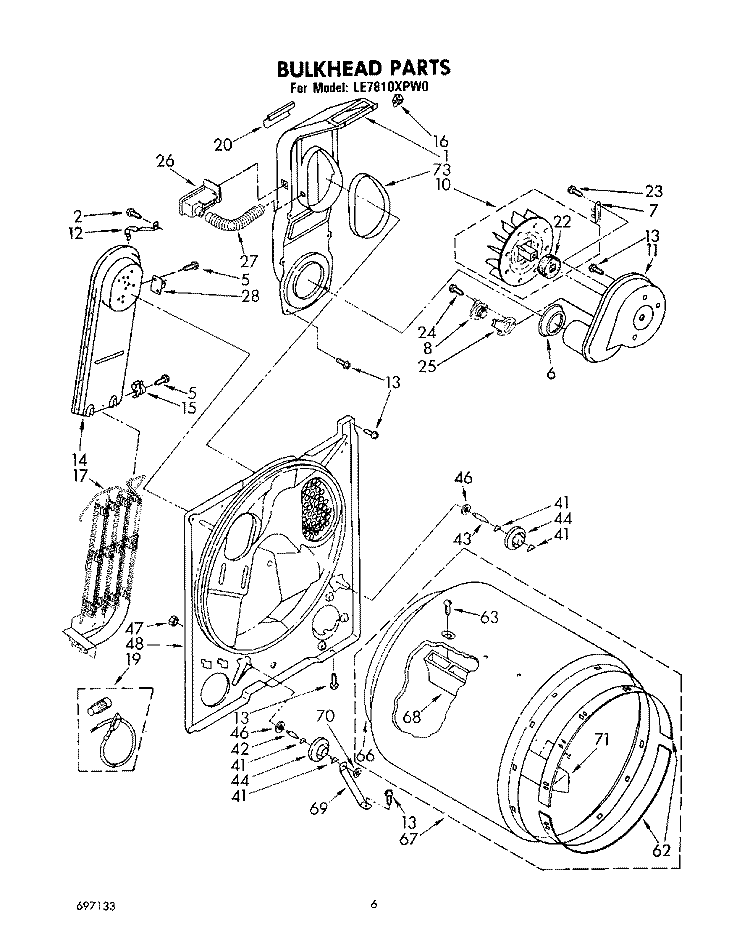 BULKHEAD Diagram and Parts List for LE7810XPW0  Whirlpool Dryer