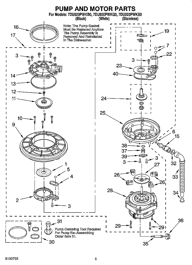 PUMP AND MOTOR PARTS Diagram and Parts List for 7DU920PWKQ0  Whirlpool Dishwasher