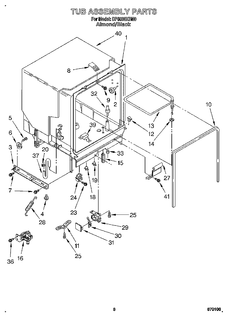 TUB ASSEMBLY Diagram and Parts List for DP8500XBN0  Whirlpool Dishwasher