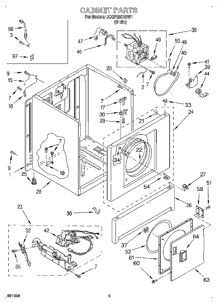 CABINET Diagram and Parts List for 3CGP2901DW1  Whirlpool Dryer