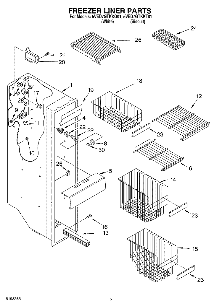 FREEZER LINER PARTS Diagram and Parts List for 5VED7GTKKQ01  Whirlpool Refrigerator