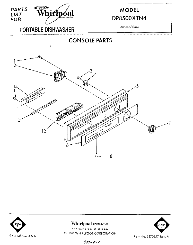 CONSOLE Diagram and Parts List for DP8500XTN4  Whirlpool Dishwasher
