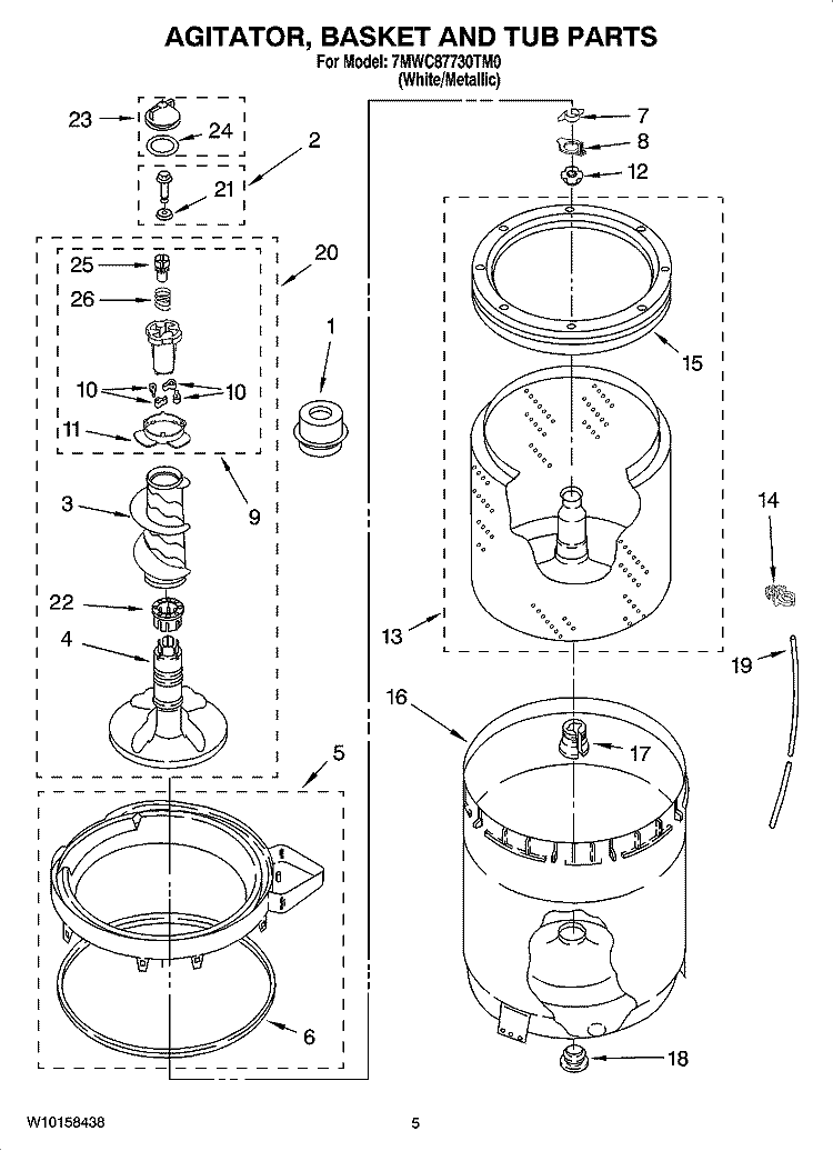 AGITATOR, BASKET AND TUB PARTS Diagram and Parts List for 7MWC87730TM0  Whirlpool Washer