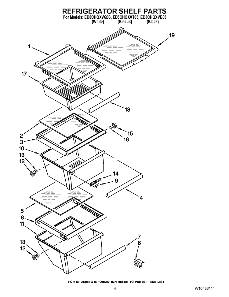 REFRIGERATOR SHELF PARTS Diagram and Parts List for ED5CHQXVB03  Whirlpool Refrigerator
