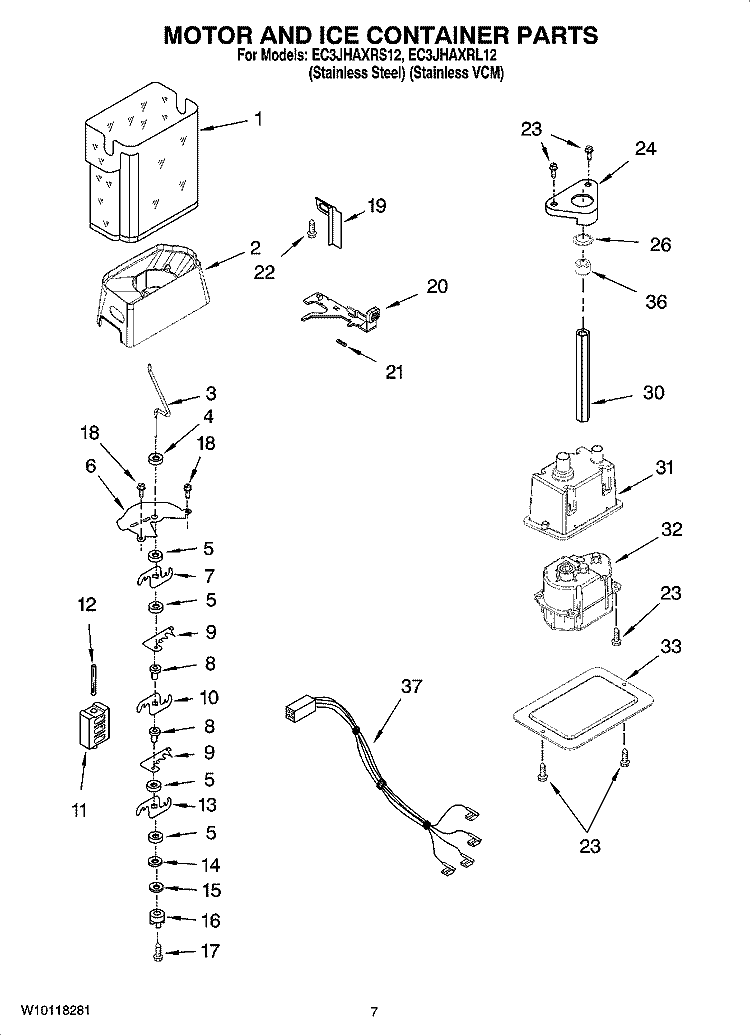 MOTOR AND ICE CONTAINER PARTS Diagram and Parts List for EC3JHAXRL12  Whirlpool Refrigerator