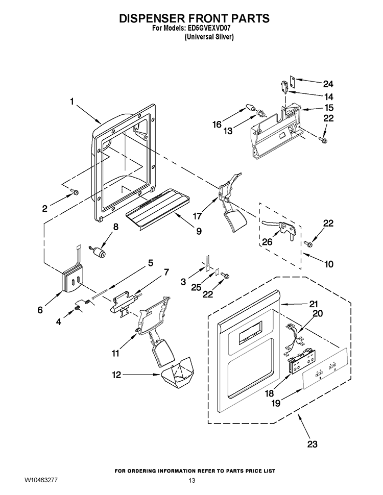 DISPENSER FRONT PARTS Diagram and Parts List for ED5GVEXVD07  Whirlpool Refrigerator