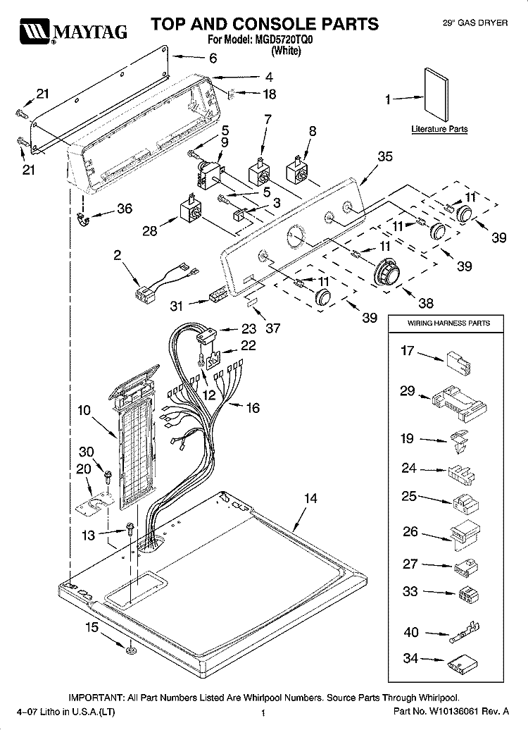 TOP AND CONSOLE PARTS Diagram and Parts List for MGD5720TQ0  Maytag Dryer