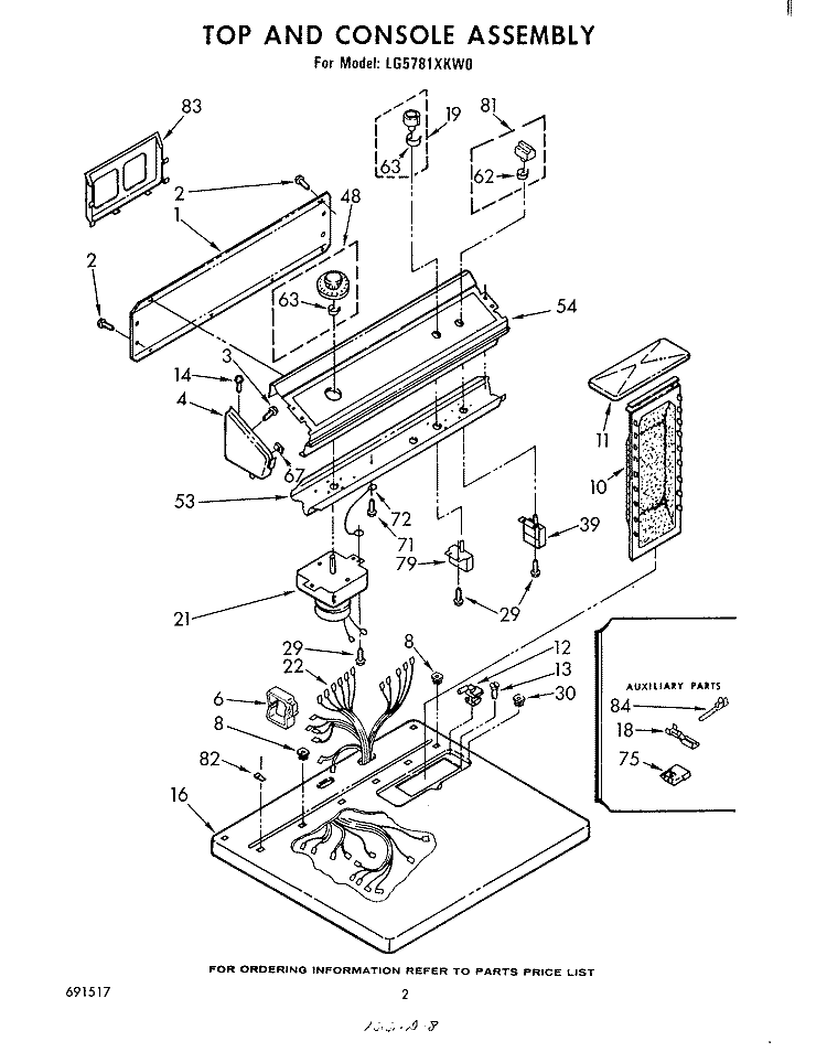 TOP AND CONSOLE , LITERATURE AND OPTIONAL Diagram and Parts List for LG5781XKW0  Whirlpool Dryer