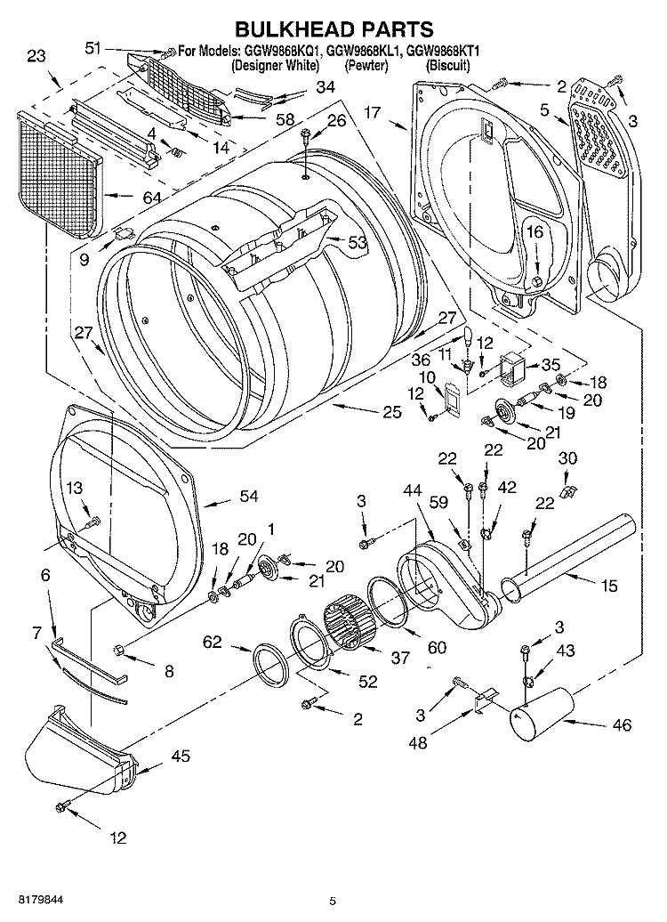 BULKHEAD Diagram and Parts List for GGW9868KL1  Whirlpool Dryer