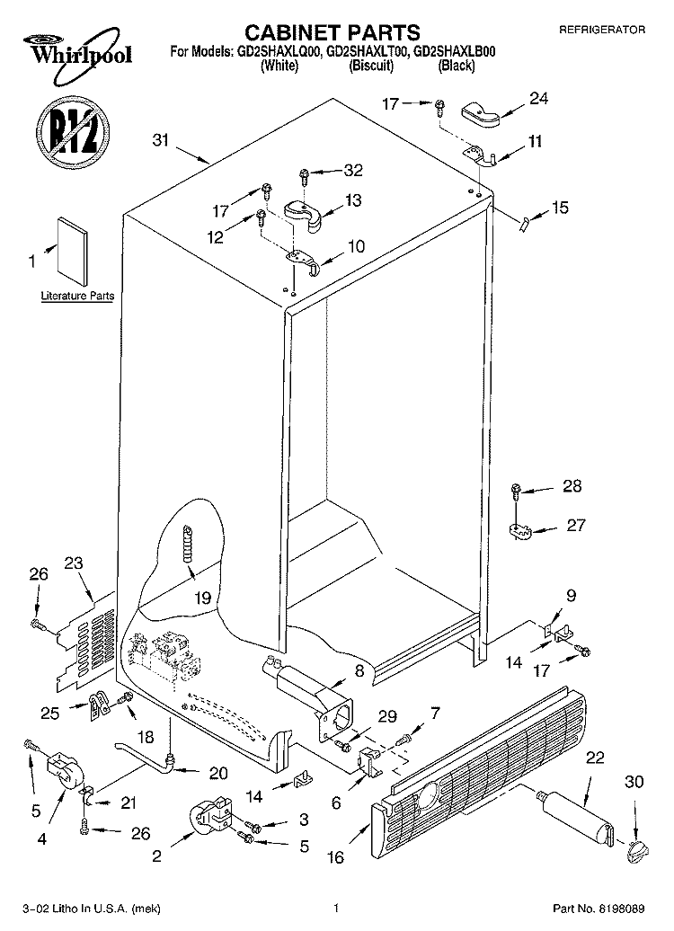 CABINET, LITERATURE Diagram and Parts List for GD2SHAXLT00  Whirlpool Refrigerator