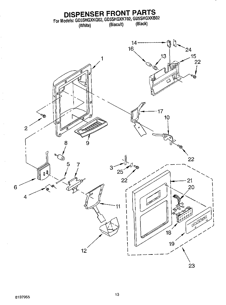 DISPENSER FRONT Diagram and Parts List for GD5SHGXKB02  Whirlpool Refrigerator