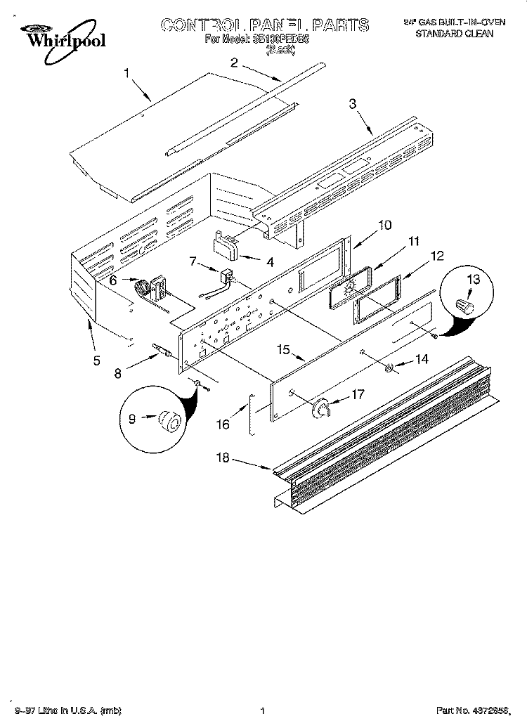 CONTROL PANEL Diagram and Parts List for SB100PEDB5  Whirlpool Range