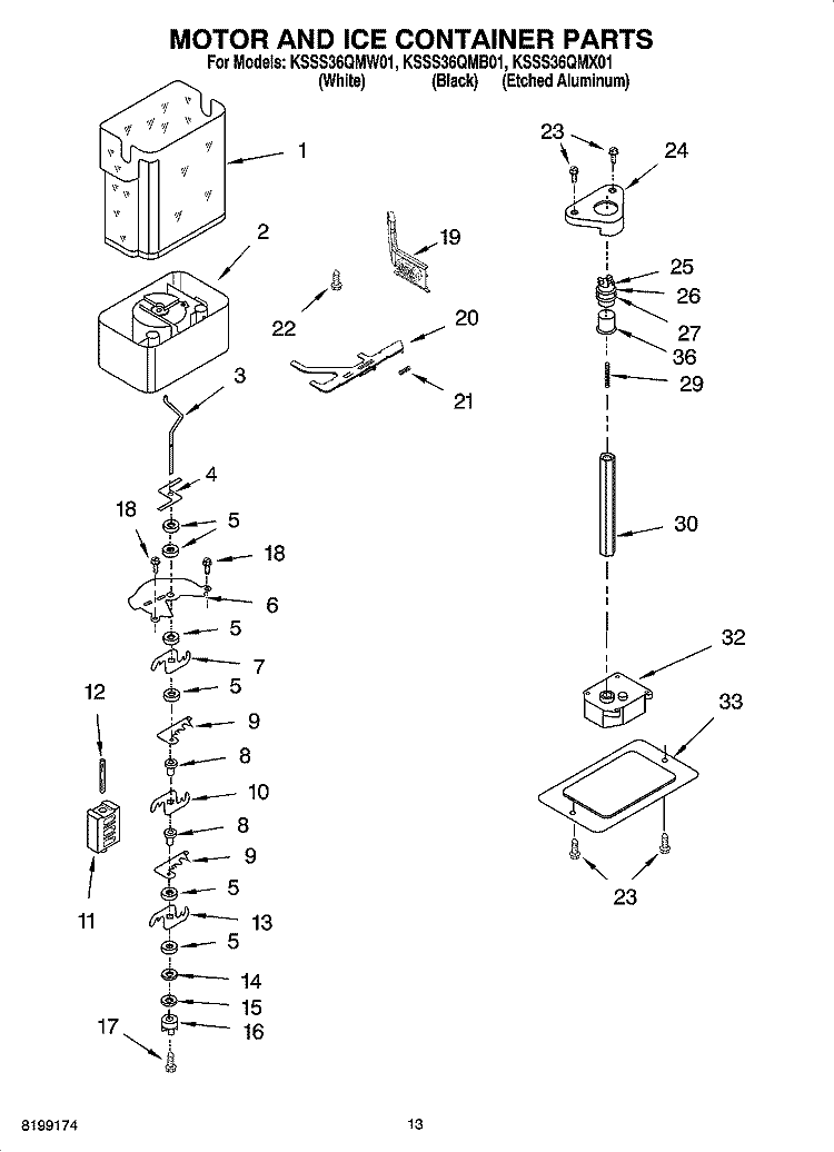 MOTOR AND ICE CONTAINER PARTS Diagram and Parts List for KSSS36QMB01  KitchenAid Refrigerator