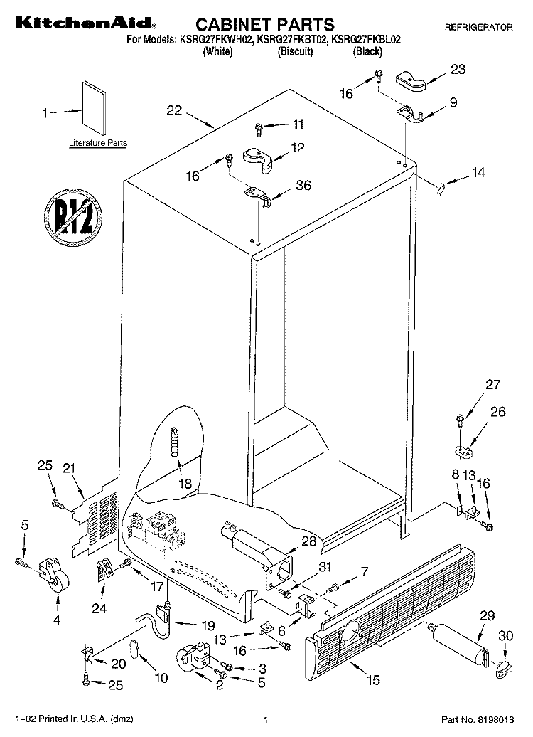 CABINET, LITERATURE Diagram and Parts List for KSRG27FKWH02  KitchenAid Refrigerator