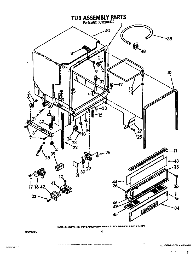 TUB ASSEMBLY Diagram and Parts List for DU9200XX0  Whirlpool Dishwasher