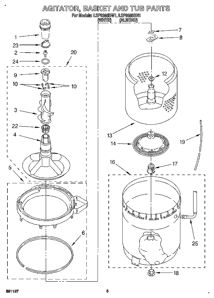 AGITATOR, BASKET AND TUB Diagram and Parts List for LSP9355BN1  Whirlpool Washer