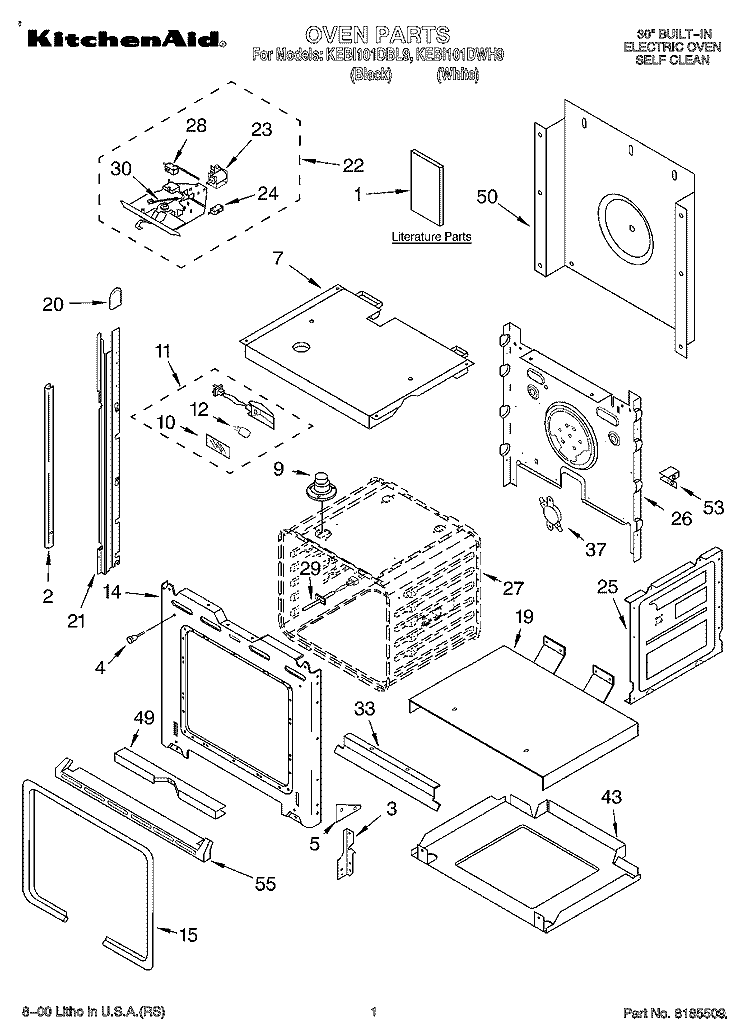 OVEN, LITERATURE Diagram and Parts List for KEBI101DBL9  KitchenAid Wall Oven
